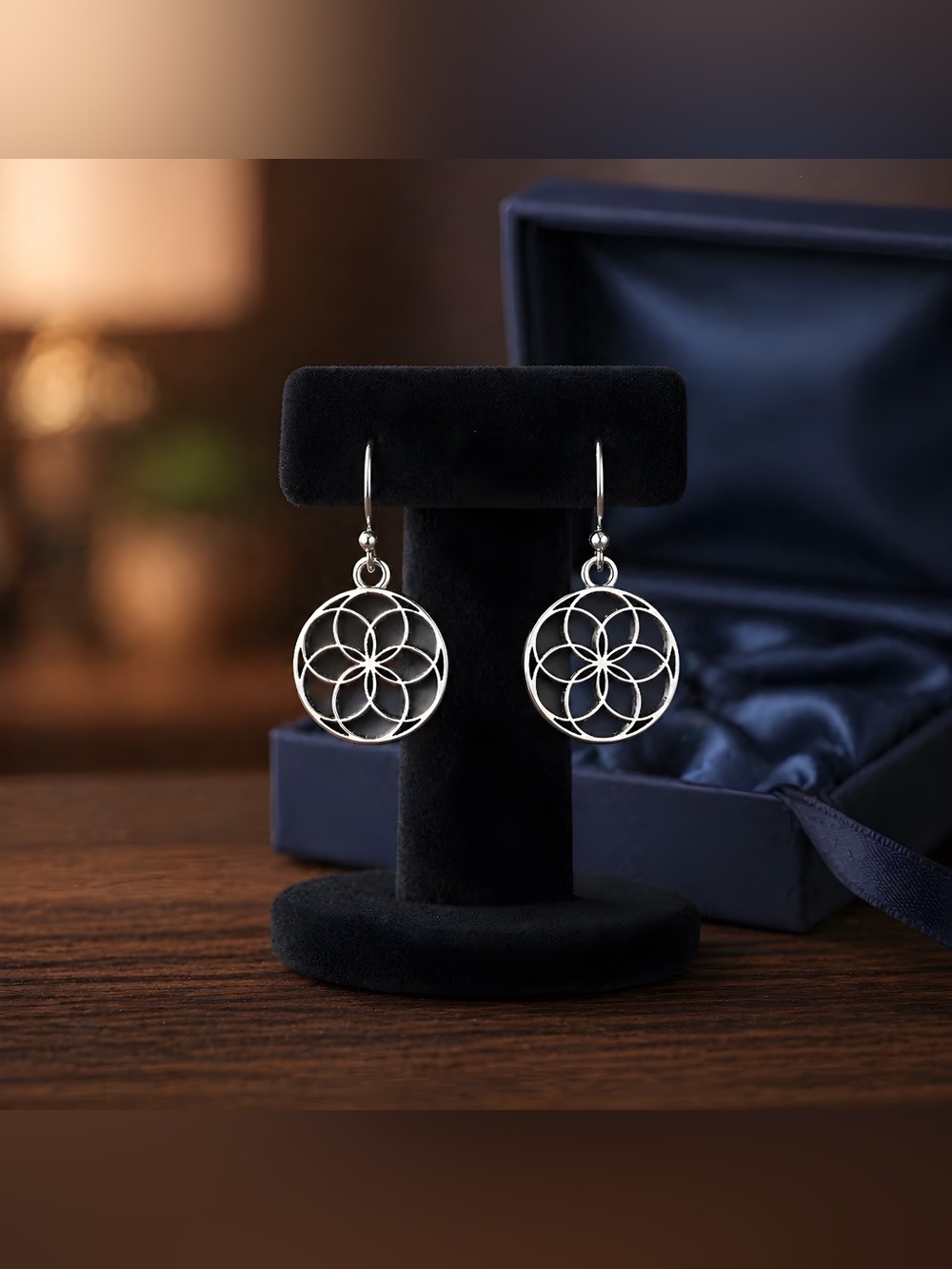 Silver Floral Circle Drop Earrings - Hypoallergenic Hooks